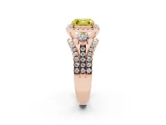 Fancy Yellow Asscher Cut Diamond Halo Split Shank Ring Set in Rose gold with Round Accent Stones and Prong Setting