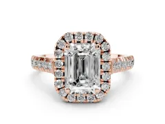 Emerald Cut Diamond Halo Engagement Ring Set in Rose gold with Pavé Band and Prong-Set Center