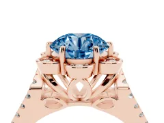 Fancy Blue Round Cut Diamond Floral Halo Split Shank Engagement Ring Set in Rose gold with Pavé Shank