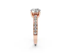 Round Cut Diamond Solitaire Ring Set in Rose gold with Milgrain-Edged Pavé Band and Prong Setting