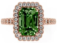 Fancy Green Radiant Cut Diamond Halo Ring Set in Rose gold with Pavé Milgrain Band