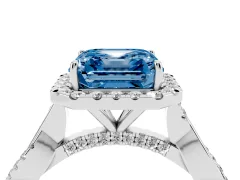 Fancy Blue Asscher Cut Diamond Halo Twist Band Solitaire Ring Set in Platinum with Prong Setting