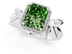 Fancy Green Radiant Cut Diamond Halo Floral Band Ring Set in White gold with Prong Setting