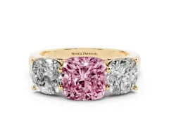 Fancy Pink Cushion Cut Diamond Three-Stone Ring Set in Yellow gold with Plain Polished Band