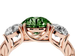 Fancy Green Round Cut Diamond Three-Stone Engagement Ring Set in Rose gold with Milgrain Pavé Band