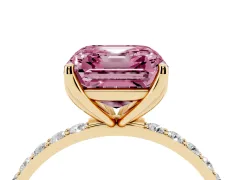 Fancy Pink Asscher Cut Diamond Solitaire Engagement Ring Set in Yellow gold with Round Pavé Band and Prong Setting