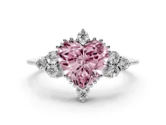 Fancy Pink Heart Cut Diamond Cluster Ring Set in White gold with Beaded Band