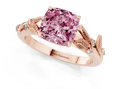Fancy Pink Cushion Cut Diamond Solitaire Ring Set in Rose gold with Leaf Motif Band