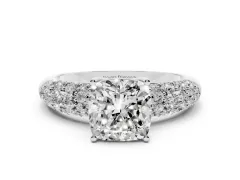 Cushion Cut Diamond Pavé Band Solitaire Ring Set in Platinum with Close-Set Accent Stones and Prong Setting
