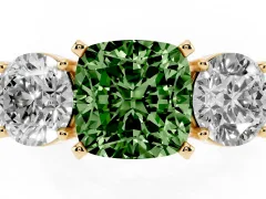 Fancy Green Cushion Cut Diamond Three-Stone Ring Set in Yellow gold with Round Side Stones and Classic Band