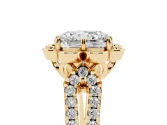 Radiant Cut Diamond Floral Halo Split Shank Engagement Ring Set in Yellow gold with Pavé Shank