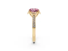 Fancy Pink Radiant Cut Diamond Halo Ring Set in Yellow gold with Channel Set Band and Prong Setting