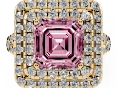 Fancy Pink Asscher Cut Diamond Double Halo Ring Set in Yellow gold with Pavé Split Shank and Prong Setting