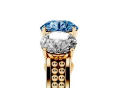Fancy Blue Round Cut Diamond Three-Stone Ring Set in Yellow gold with Textured Band