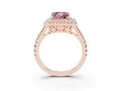 Fancy Pink Princess Cut Diamond Double Halo Ring Set in Rose gold with Pavé Band