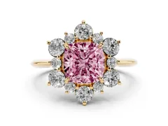 Fancy Pink Cushion Cut Diamond Cluster Halo Ring Set in Yellow gold with Solitaire Band and Prong Setting