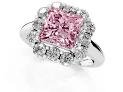 Fancy Pink Princess Cut Diamond Milgrain Halo Solitaire Ring Set in Silver with Bezel Set Side Stones and Pavé Band