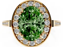 Fancy Green Oval Cut Diamond Halo Ring Set in Yellow gold with Accent-Lined Split Shank and Prong Setting