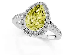 Fancy Yellow Pear Cut Diamond Halo Pavé Engagement Ring Set in White gold with Prong Setting