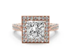 Princess Cut Diamond Halo Engagement Ring Set in Rose gold with Accent Split Shank Band