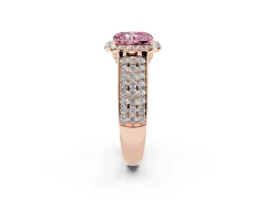 Fancy Pink Radiant Cut Diamond Halo Ring Set in Rose gold with Pavé Band and Raised Center Setting