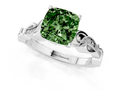 Fancy Green Cushion Cut Diamond Vine Band Solitaire Ring Set in Platinum with Milgrain Prong Setting