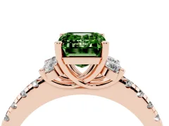 Fancy Green Emerald Cut Diamond Three-Stone Pavé Ring Set in Rose gold with Prong Setting