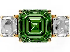 Fancy Green Asscher Cut Diamond Three-Stone Ring Set in Yellow gold with Pavé Band