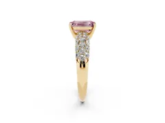 Fancy Pink Emerald Cut Diamond Pavé Band Solitaire Ring Set in Yellow gold with Close-Set Accent Stones and Prong Setting