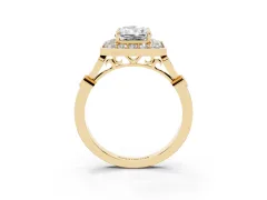 Radiant Cut Diamond Halo Engagement Ring Set in Yellow gold with Twisted Band and Prong Setting