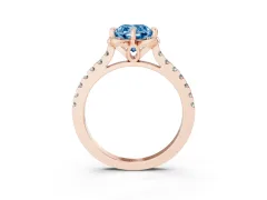 Fancy Blue Cushion Cut Diamond Solitaire Ring Set in Rose gold with Pavé Band and Floral Prong Setting
