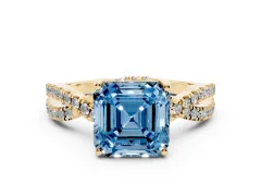 Fancy Blue Asscher Cut Diamond Twist Pavé Solitaire Engagement Ring Set in Yellow gold with Prong Setting