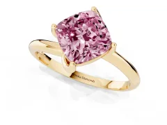 Fancy Pink Cushion Cut Diamond Solitaire Engagement Ring Set in Yellow gold with Classic Plain Band