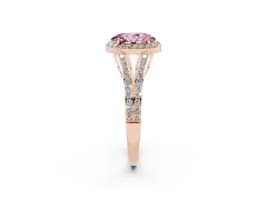 Fancy Pink Oval Cut Diamond Halo Split Shank Pavé Ring Set in Rose gold with Prong Setting