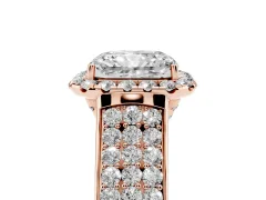 Radiant Cut Diamond Halo Ring Set in Rose gold with Pavé Band and Raised Center Setting