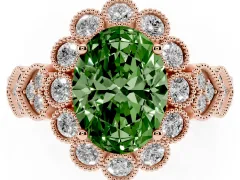 Fancy Green Oval Cut Diamond Solitaire Ring Set in Rose gold with Milgrain Pavé Heart Band