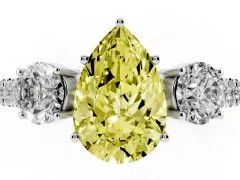 Fancy Yellow Pear Cut Diamond Three-Stone Ring Set in White gold with Round Side Stones and Delicate Pavé Band