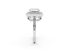 Asscher Cut Diamond Halo Ring Set in White gold with Accent-Lined Split Shank and Prong Setting