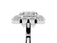 Emerald Cut Diamond Cluster Halo Ring Set in White gold with Milgrain Bezel Accents and Plain Band
