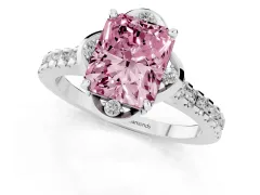 Fancy Pink Radiant Cut Diamond Solitaire Ring Set in White gold with Pavé Band and Floral Prong Setting