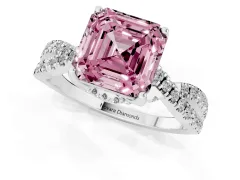Fancy Pink Asscher Cut Diamond Twist Pavé Solitaire Engagement Ring Set in White gold with Prong Setting