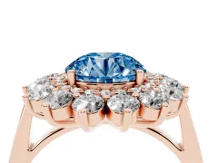 Fancy Blue Round Cut Diamond Floral Double Halo Ring Set in Rose gold with Round Petals
