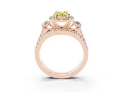 Fancy Yellow Oval Cut Diamond Halo Split Shank Ring Set in Rose gold with Round Accent Stones and Prong Setting