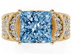 Fancy Blue Princess Cut Diamond Milgrain Halo Pavé Engagement Ring Set in Yellow gold with Prong Setting