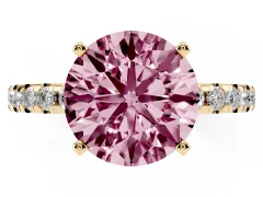 Fancy Pink Round Cut Diamond Pavé Solitaire Ring Set in Yellow gold with Round Band Accents and Prong Setting