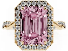 Fancy Pink Emerald Cut Diamond Halo Twist Band Solitaire Ring Set in Yellow gold with Prong Setting
