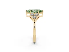 Fancy Green Marquise Cut Diamond Solitaire Ring Set in Yellow gold with Cluster Accents on Each Side