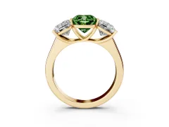 Fancy Green Cushion Cut Diamond Three-Stone Ring Set in Yellow gold with Plain Polished Band