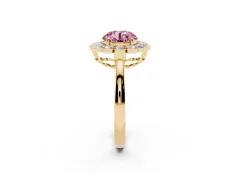 Fancy Pink Round Cut Diamond Halo Cluster Engagement Ring Set in Yellow gold with Solitaire Band and Prong Setting