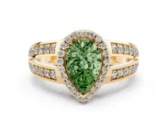 Fancy Green Pear Cut Diamond Halo Ring Set in Yellow gold with Double Pavé Split Shank